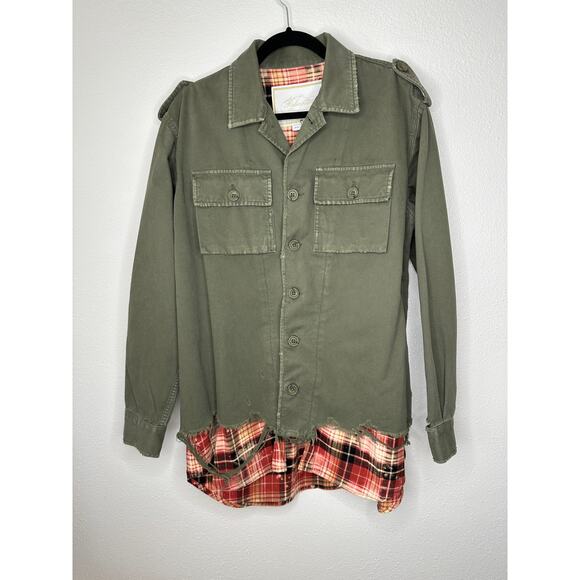 NWT Redemption Handmade Distressed Olive Military Shirt with Plaid Hem 44 / M - Picture 2 of 14